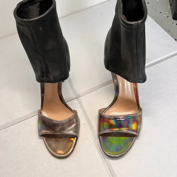 Gianvito Rossi Leather & Iridescent Heel Sandals Sz 8 Black Luxe Stiletto - Picture 7 of 16
